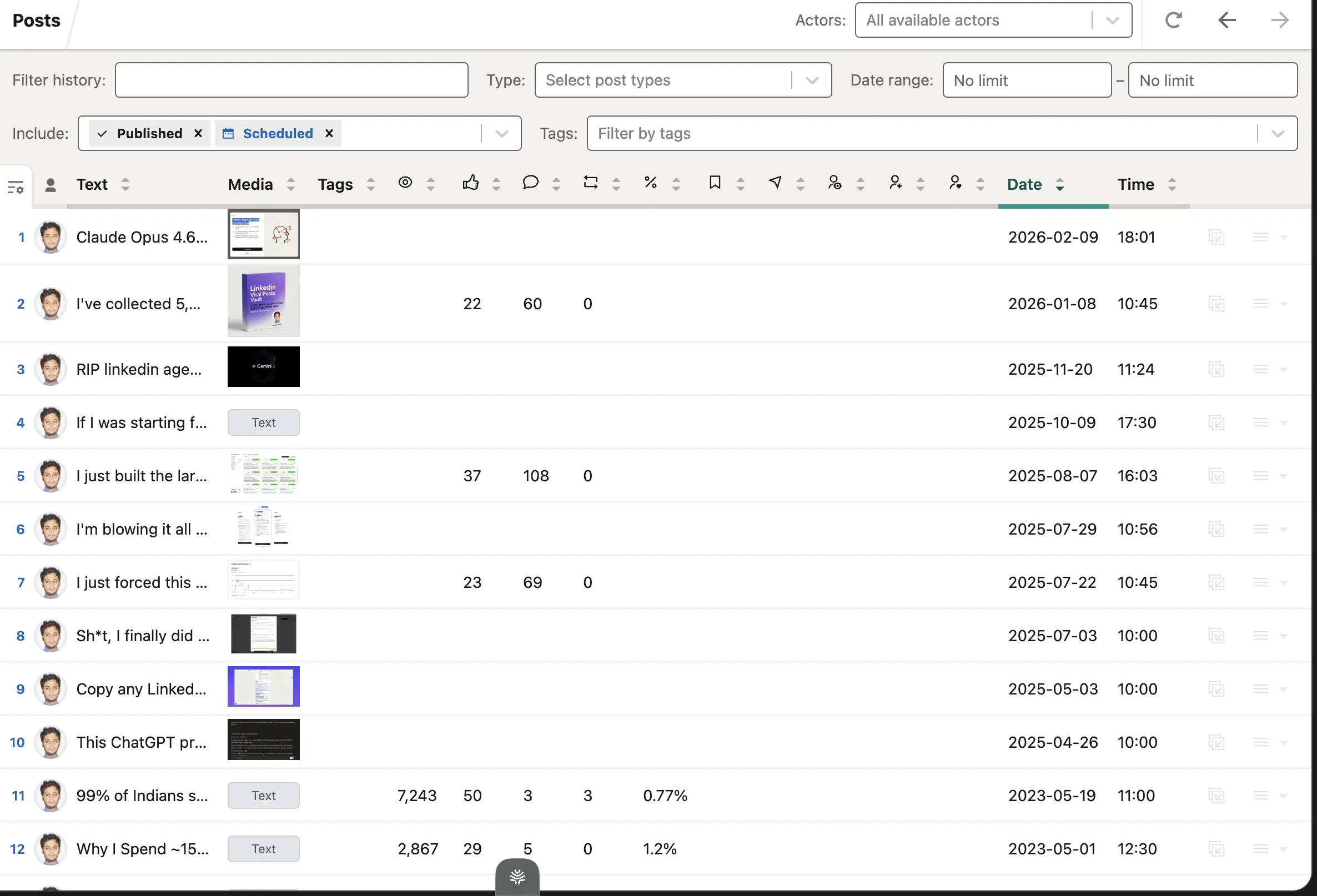 AuthoredUp's All Posts view — the saved-drafts library with templates and reusable post structures.