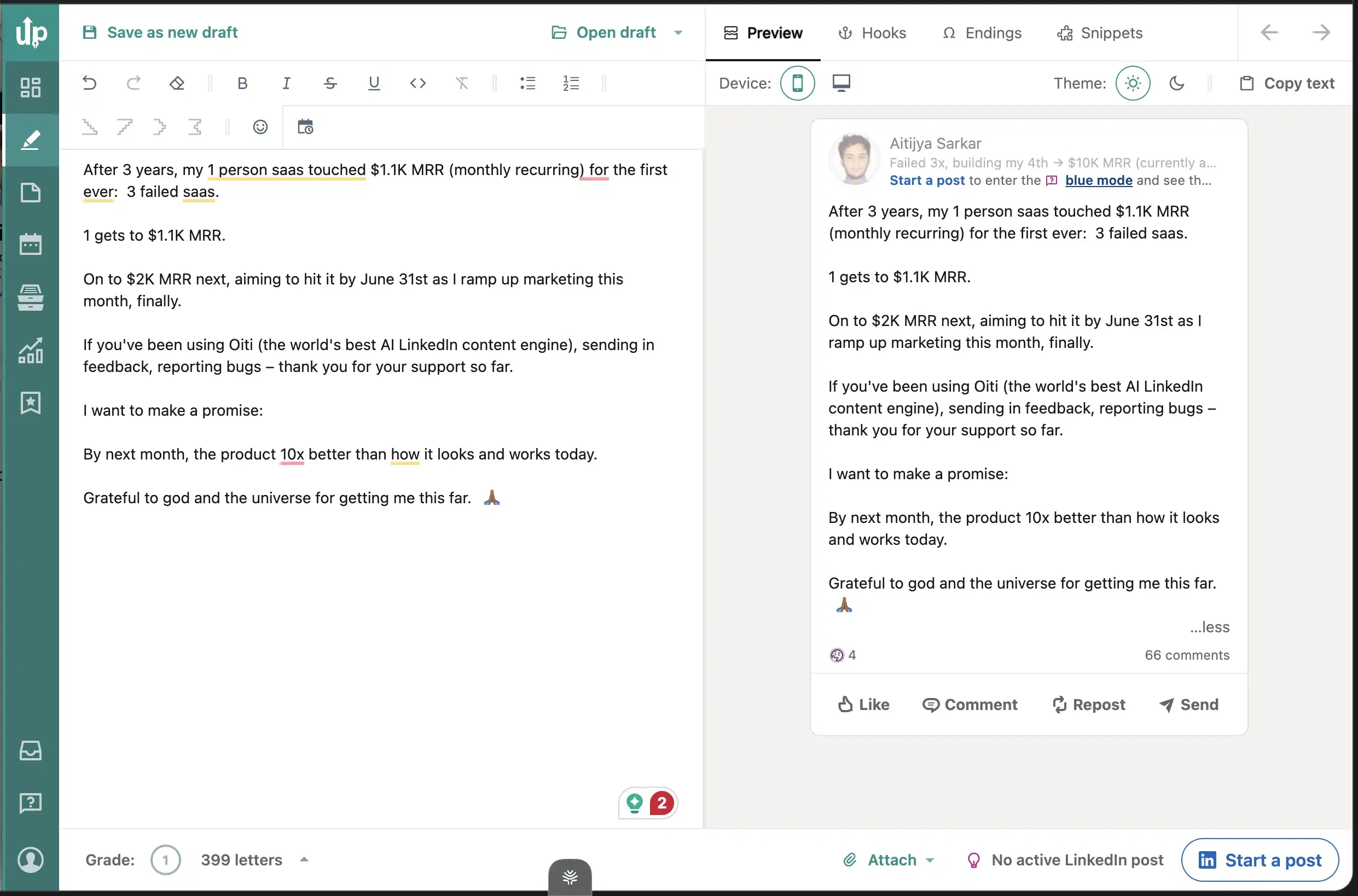 AuthoredUp's editor with the LinkedIn-rendering preview pane showing exactly how the post will look once published.