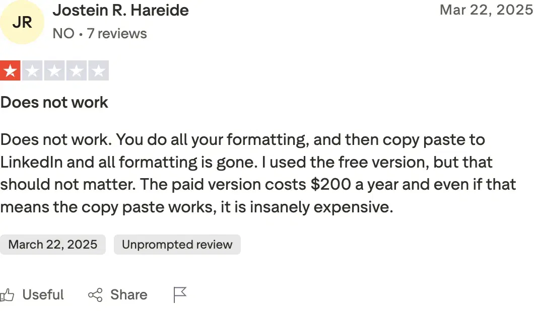 Trustpilot review of AuthoredUp by Jostein R. Hareide, 1 out of 5 stars, titled "Does not work", complaining that formatting is lost on paste to LinkedIn.