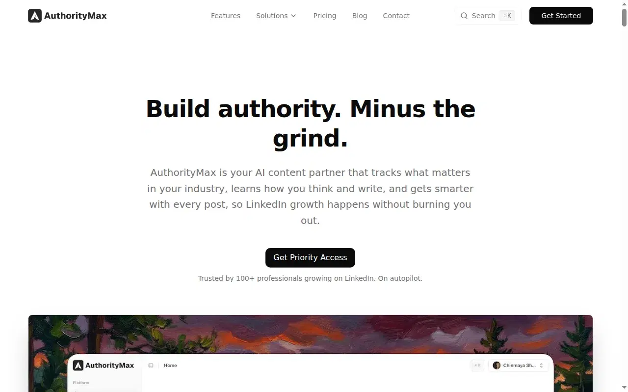 Screenshot of AuthorityMax homepage showing its hero section and positioning