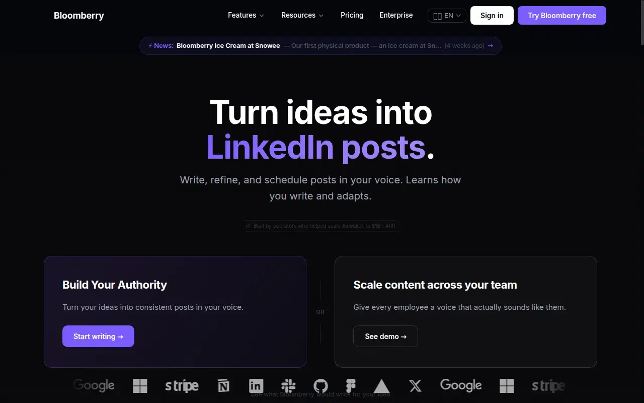 Screenshot of Bloomberry.ai homepage showing its hero section and positioning
