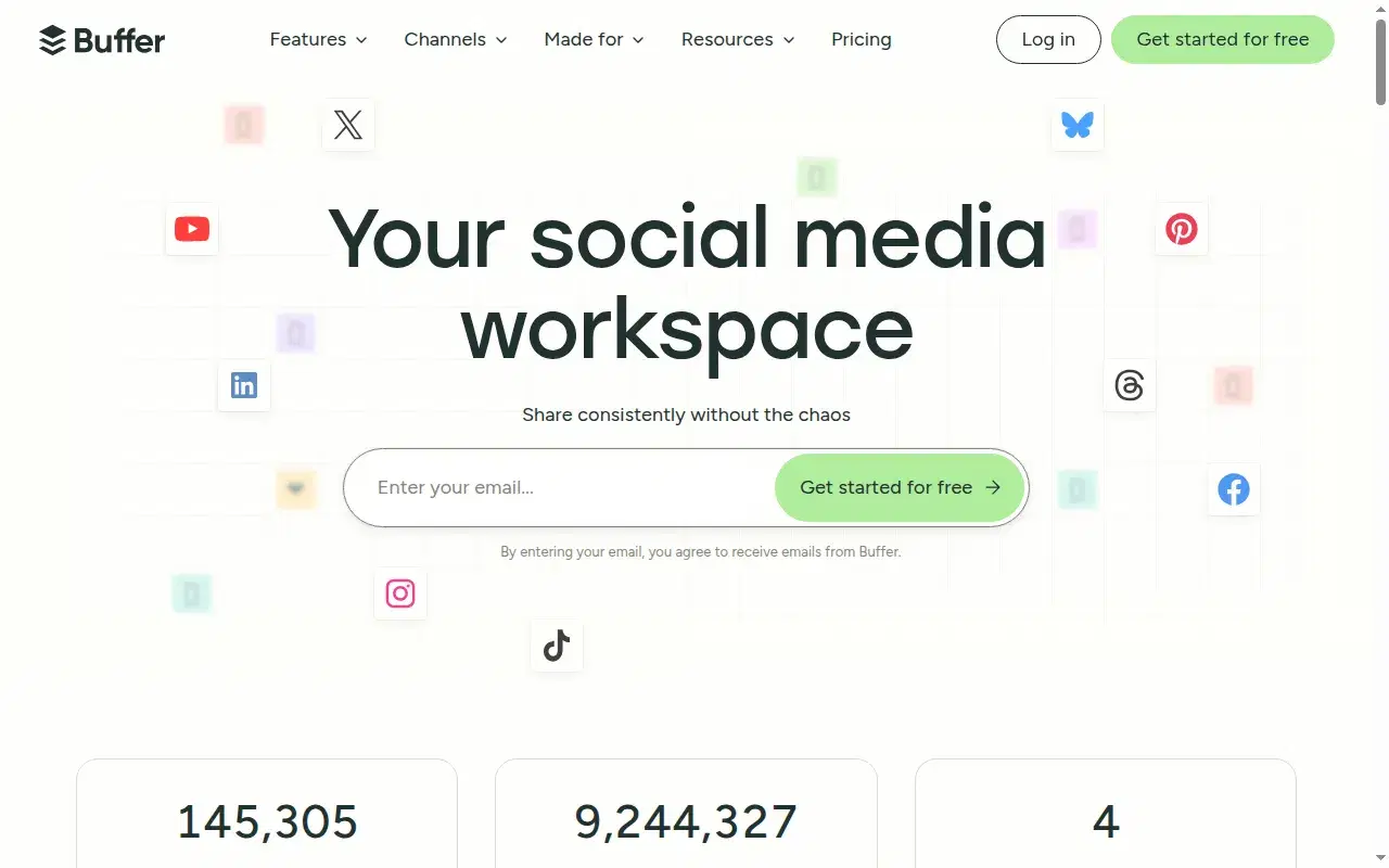 Screenshot of Buffer homepage showing its hero section and positioning