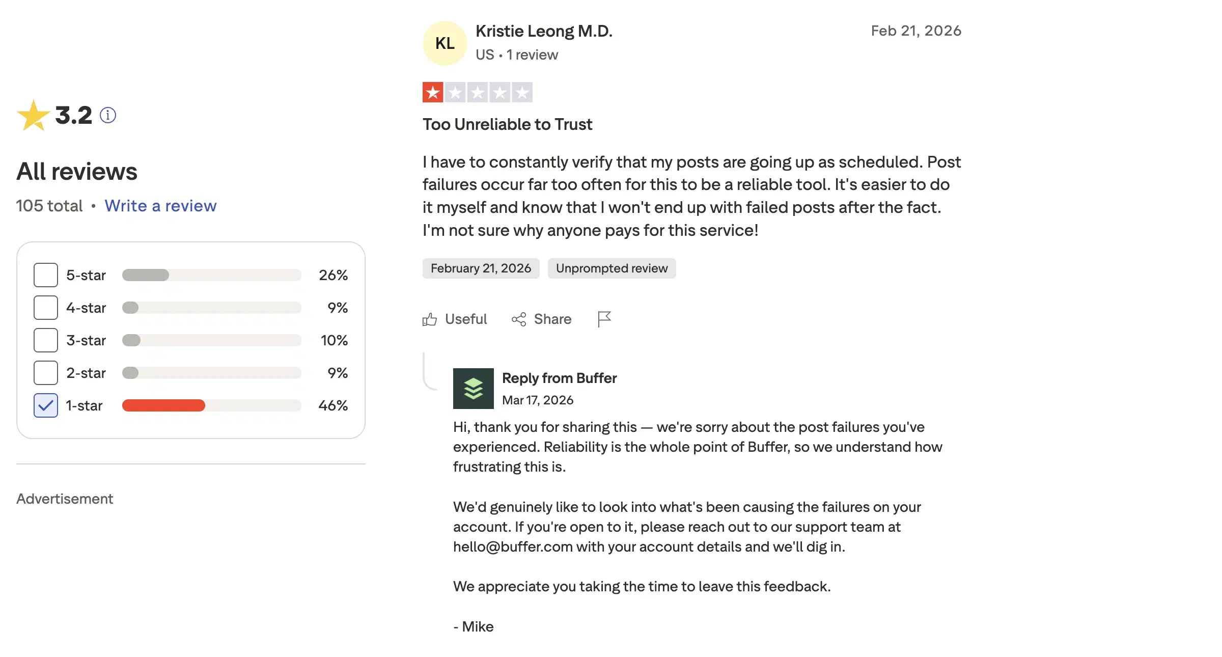 Trustpilot review of Buffer by Kristie Leong M.D., 1 out of 5 stars, complaining that posts fail to publish too often.