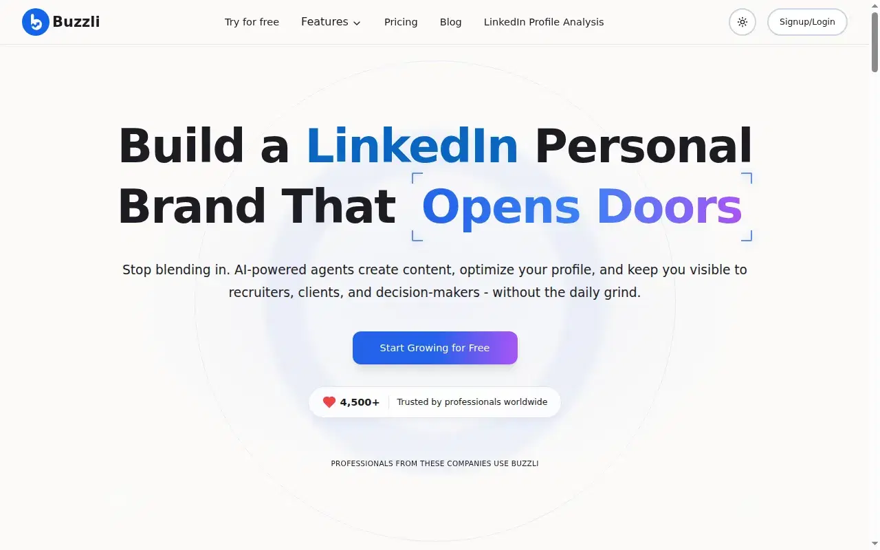 Screenshot of Buzzli homepage showing its hero section and positioning
