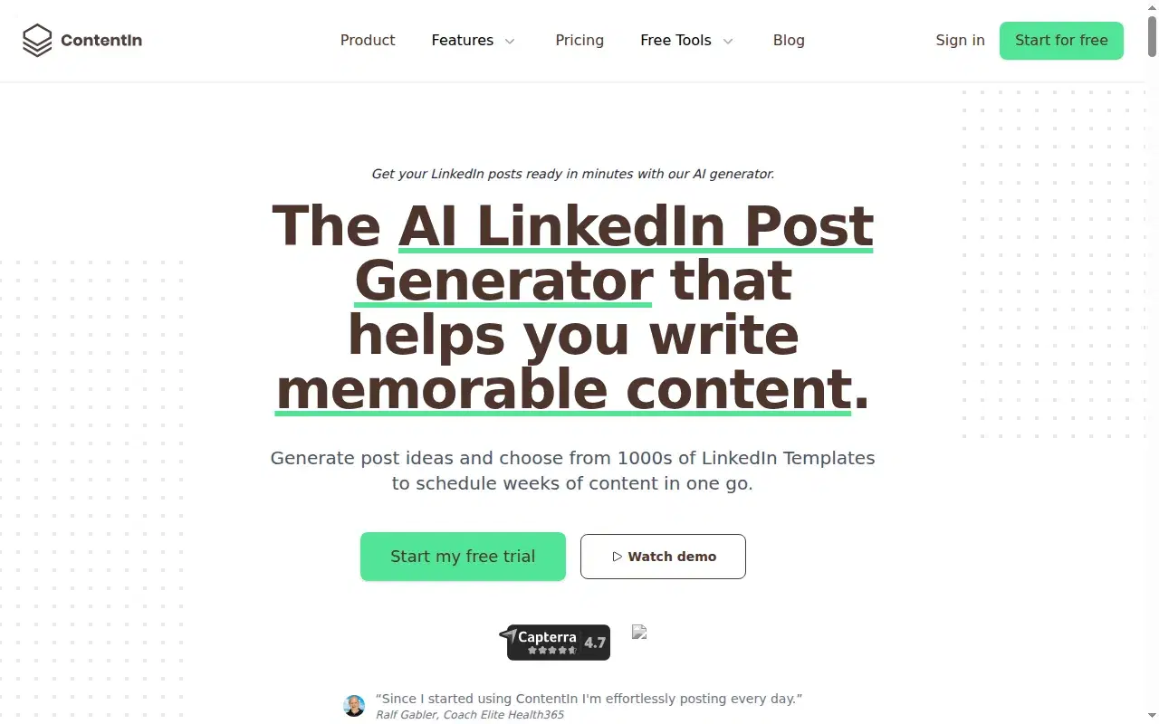 Screenshot of ContentIn homepage showing its hero section and positioning