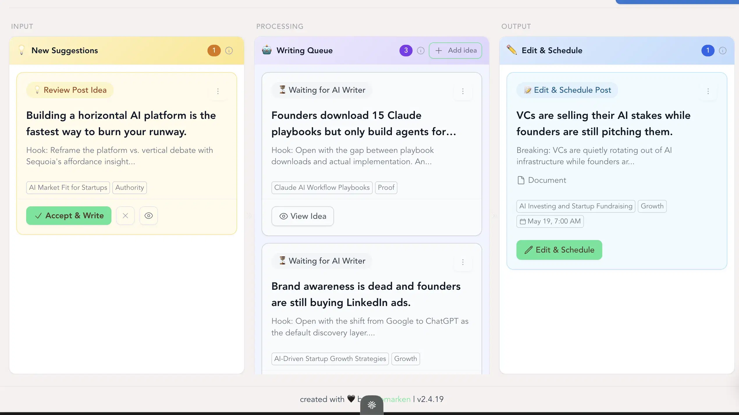 ContentIn's Kanban writing queue with batched post drafts ready for scheduling.
