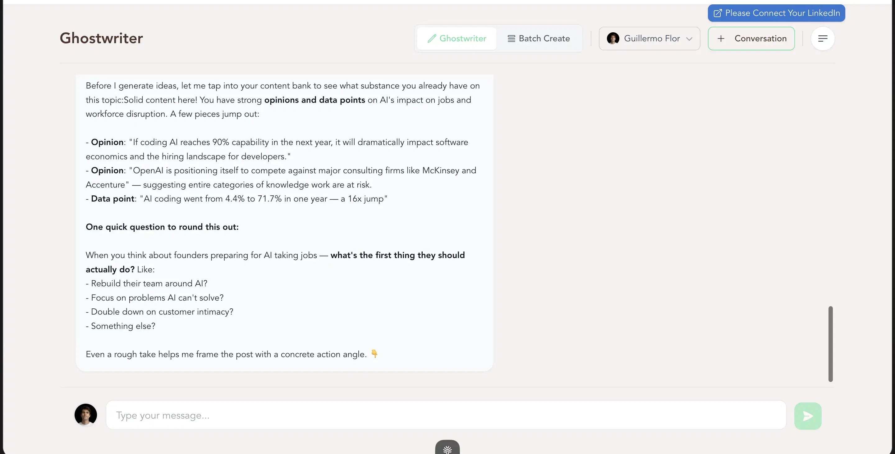 ContentIn's onboarding personalization — a 4-question multiple-choice quiz that the product calls 'training your AI'.