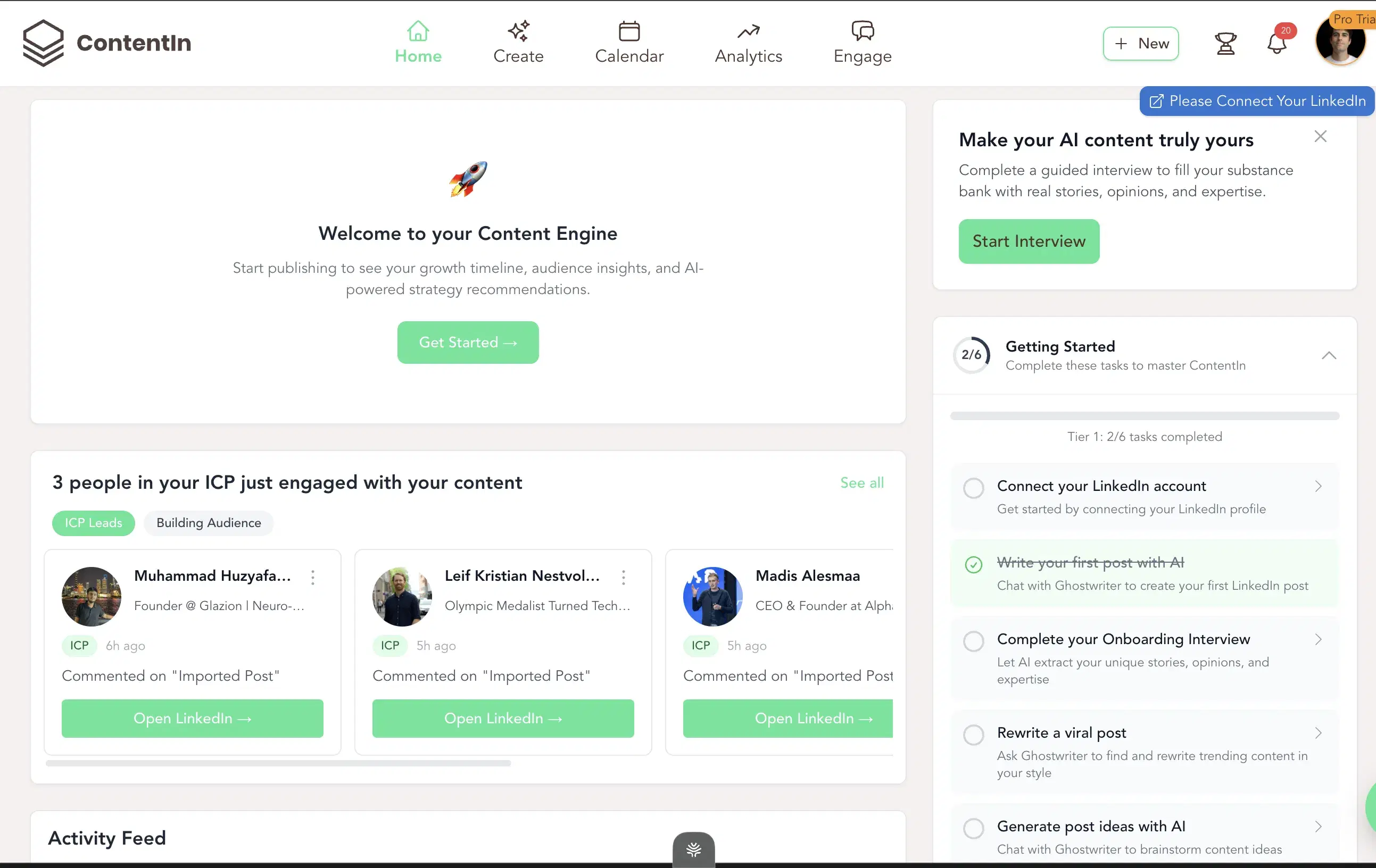 ContentIn's dashboard showing the Kanban writing queue + scheduling integration in one workspace.