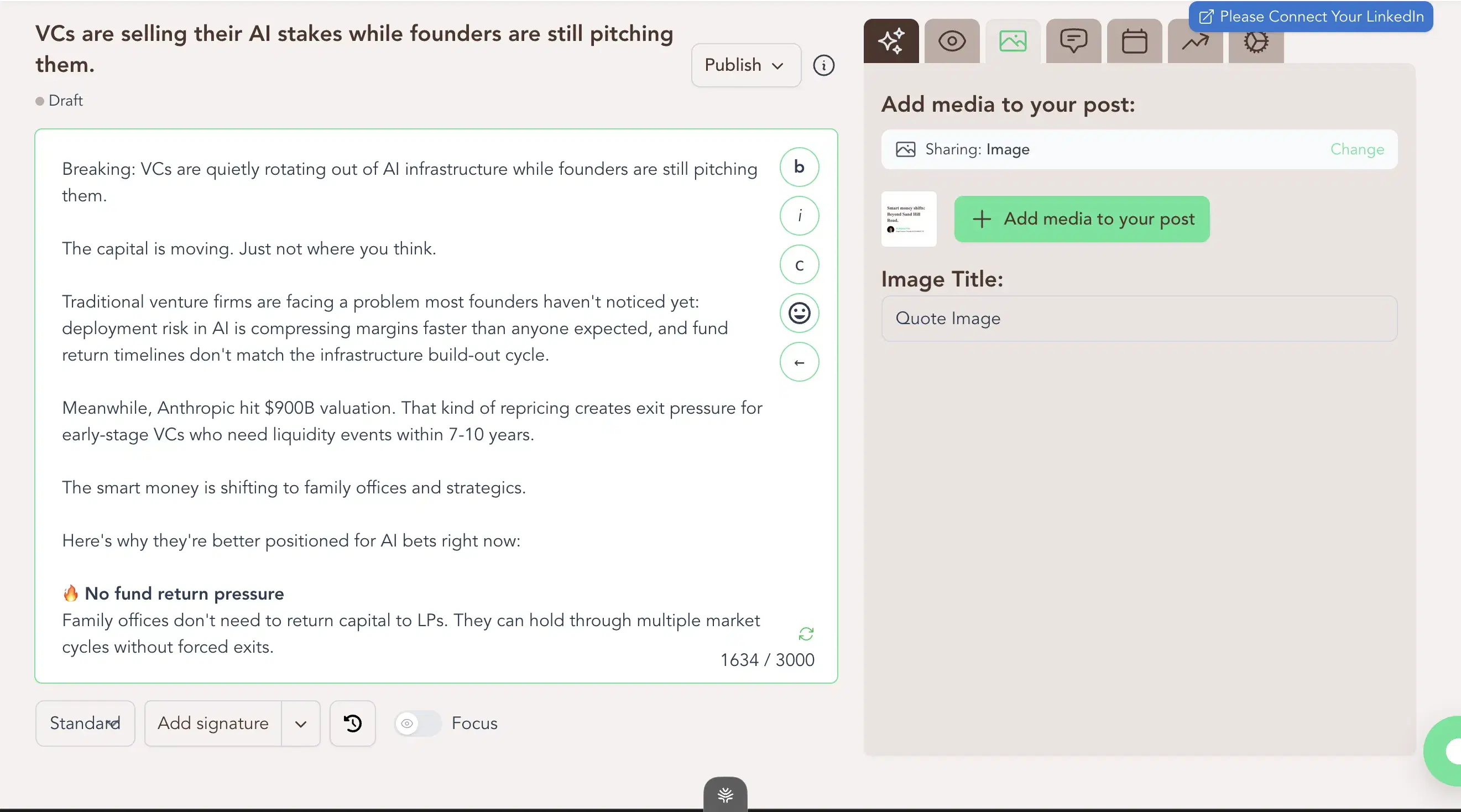 ContentIn's editor with the LinkedIn-preview pane.