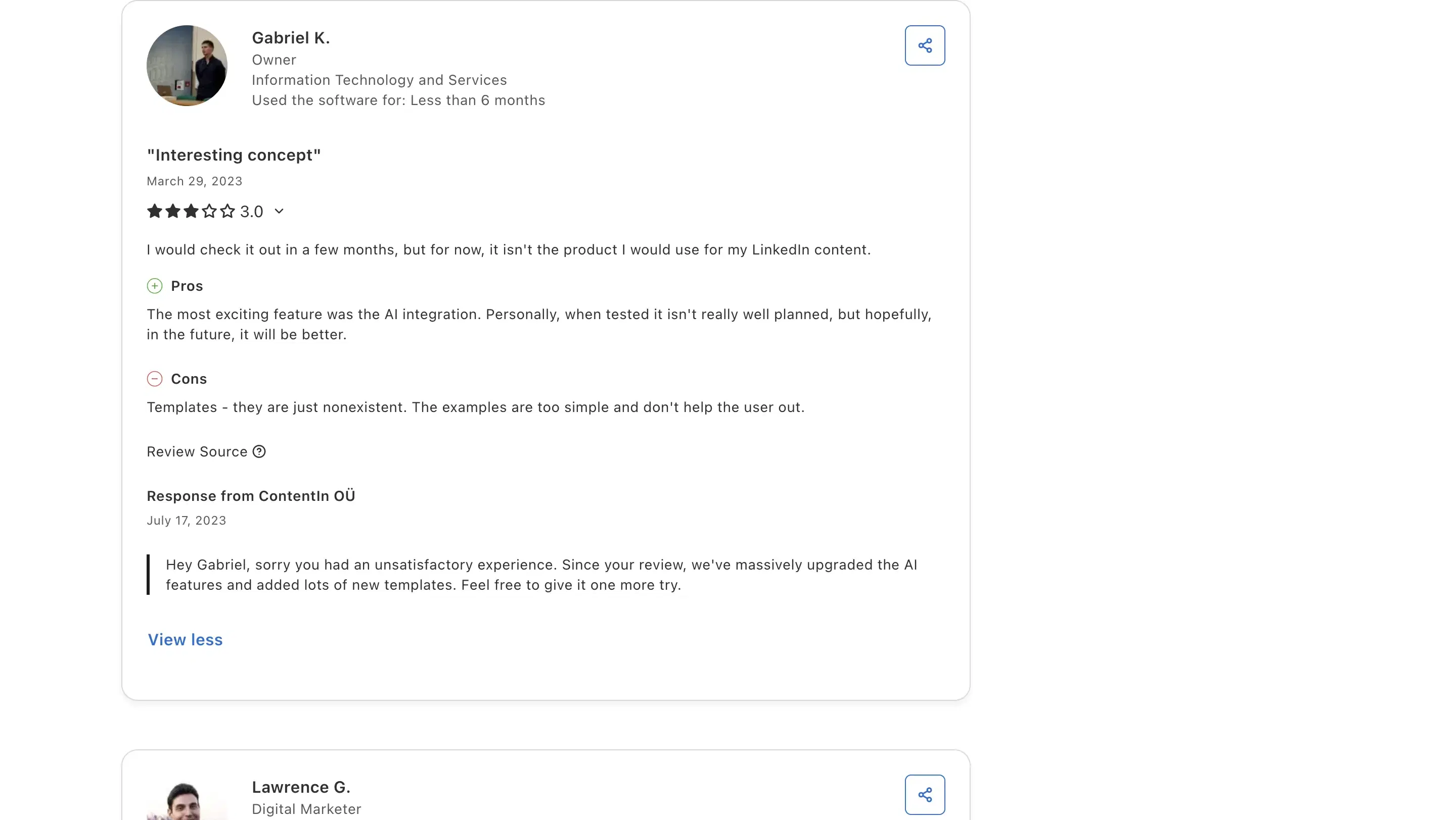 Capterra review of ContentIn by Gabriel K., 3 out of 5 stars, criticizing thin templates and AI integration that "isn't really well planned".
