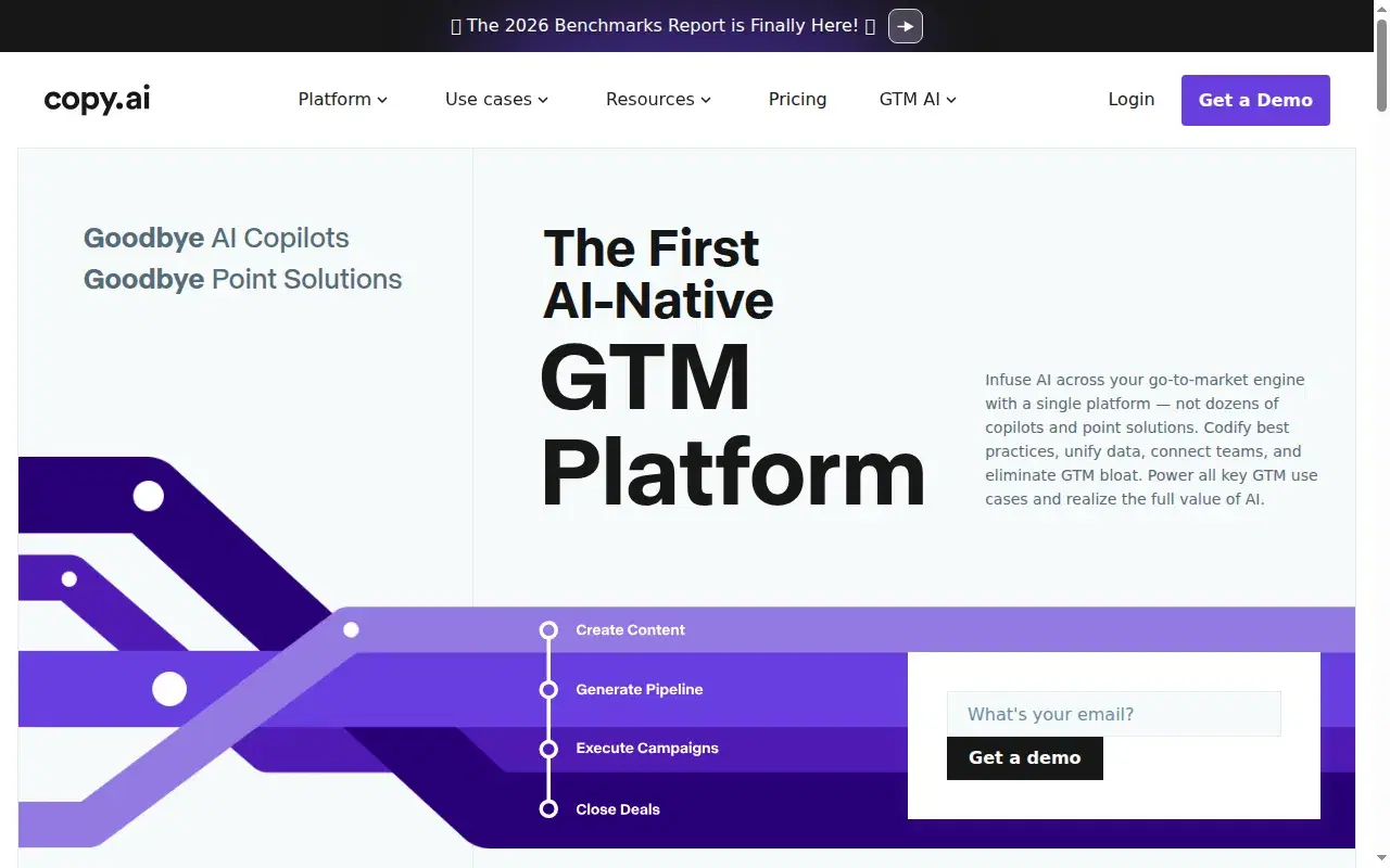 Screenshot of Copy.ai homepage showing its hero section and positioning
