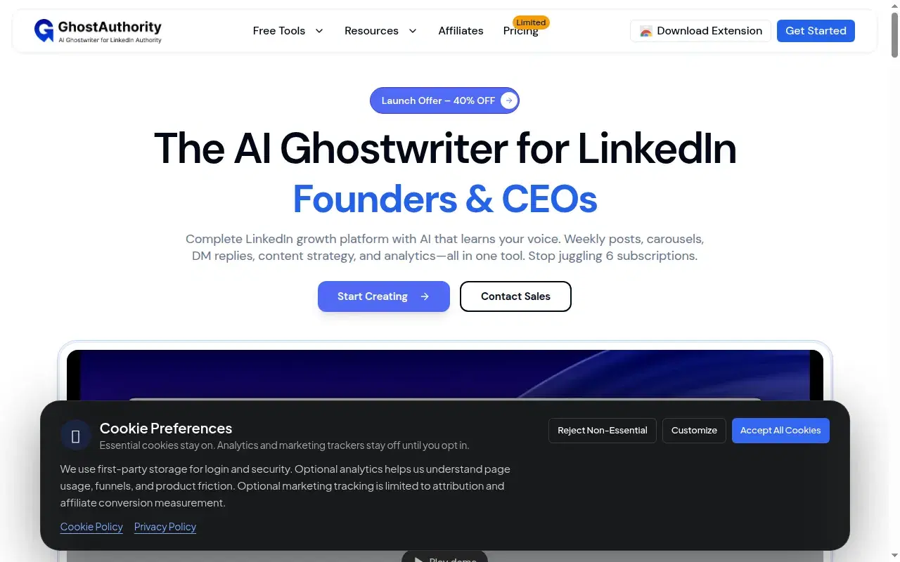 Screenshot of GhostAuthority homepage showing its hero section and positioning