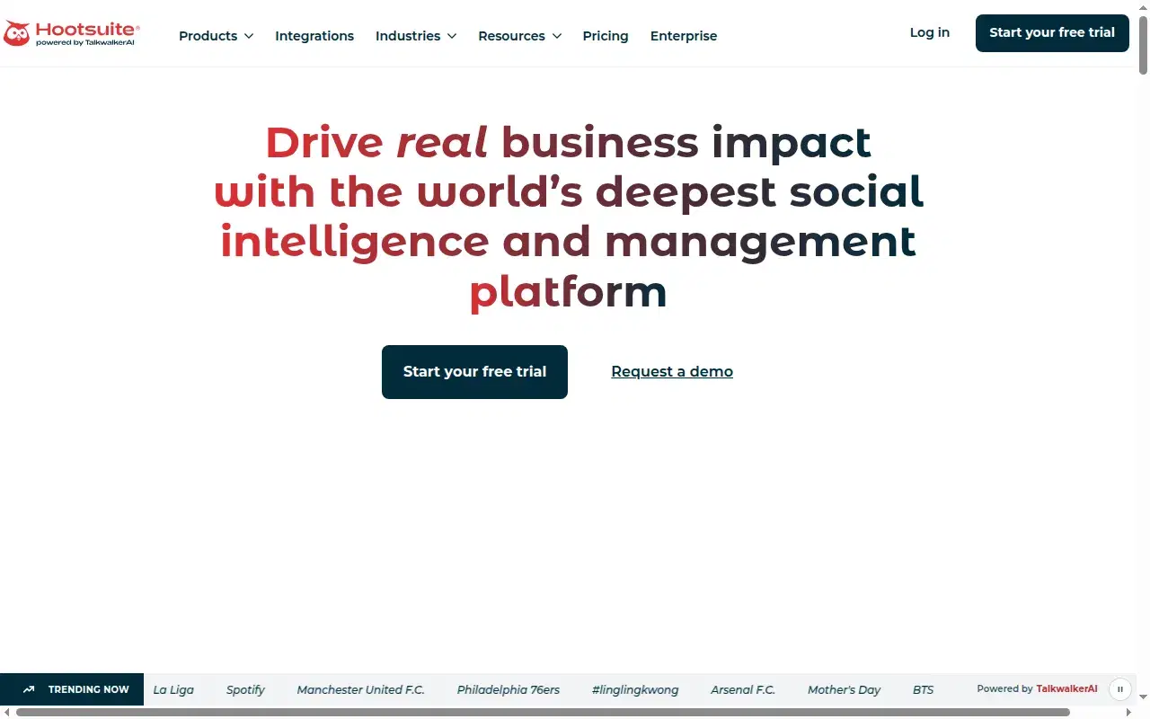 Screenshot of Hootsuite homepage showing its hero section and positioning