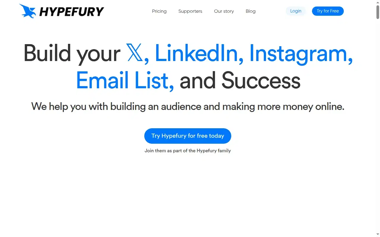 Screenshot of Hypefury homepage showing its hero section and positioning