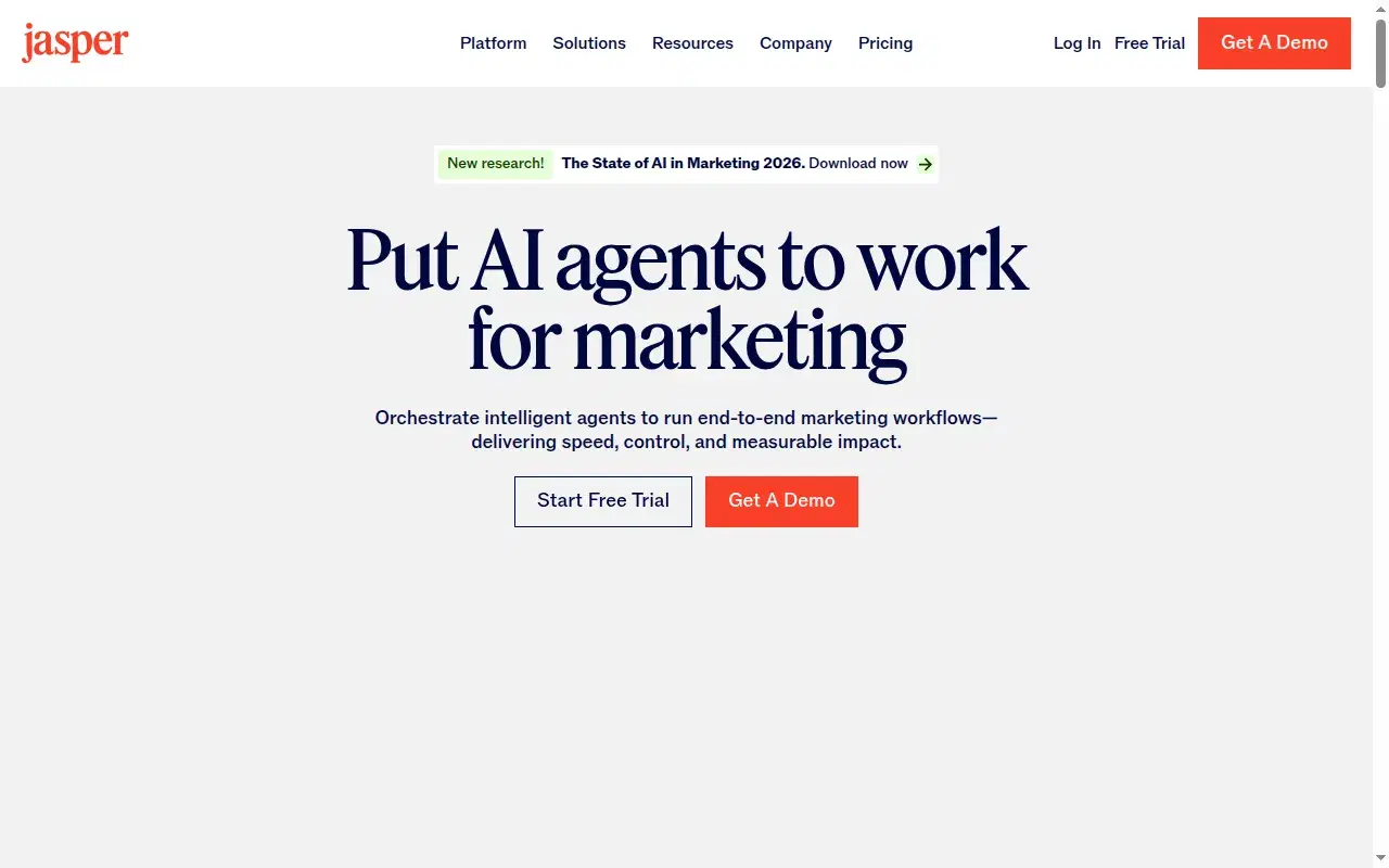 Screenshot of Jasper AI homepage showing its hero section and positioning
