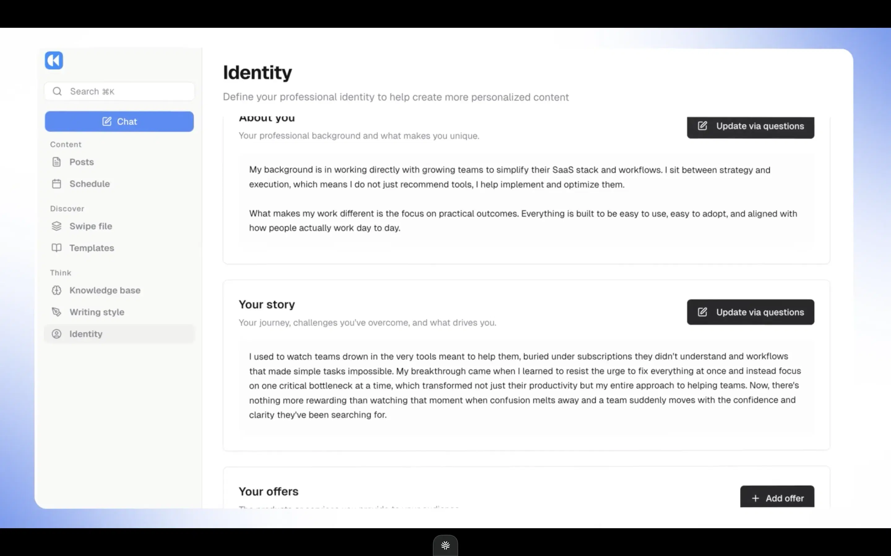Kleo's Context Engine — their persona / Knowledge Base equivalent feature.