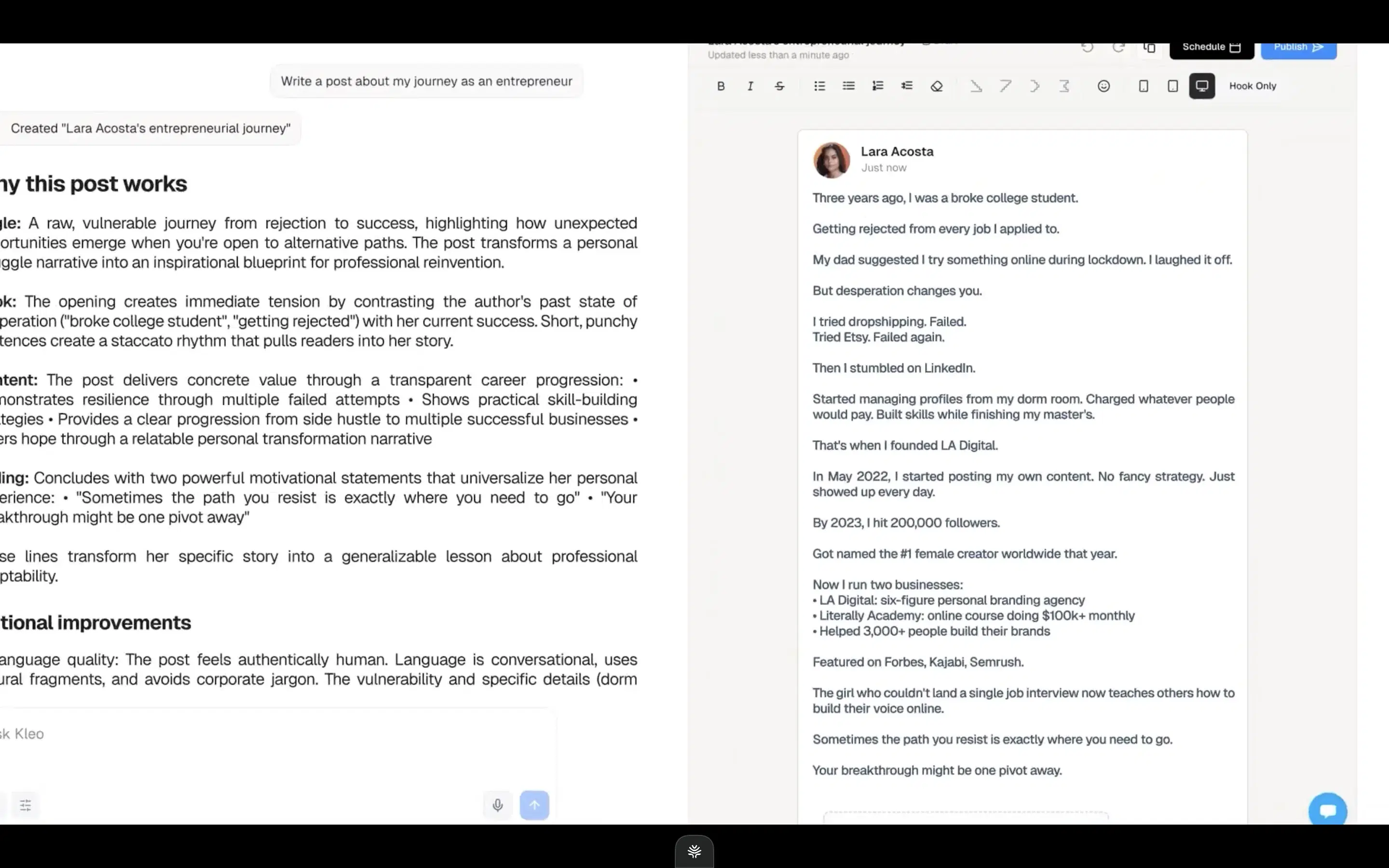 Kleo's chat-based editor composer with viral-format scaffolding.