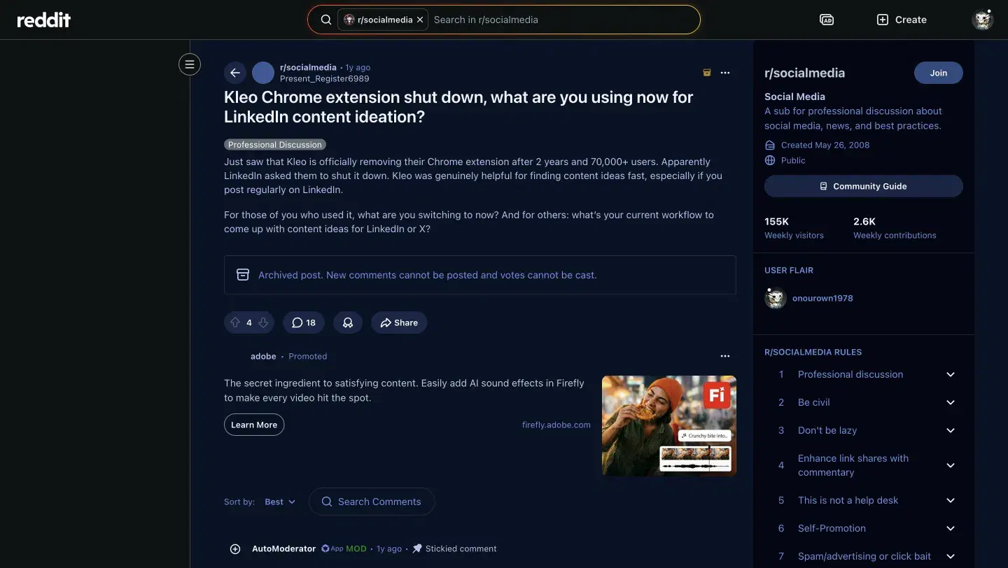 r/socialmedia post titled "Kleo Chrome extension shut down, what are you using now for LinkedIn content ideation?" — the body says Kleo is removing their Chrome extension after 2 years and 70,000+ users because LinkedIn asked them to shut it down.