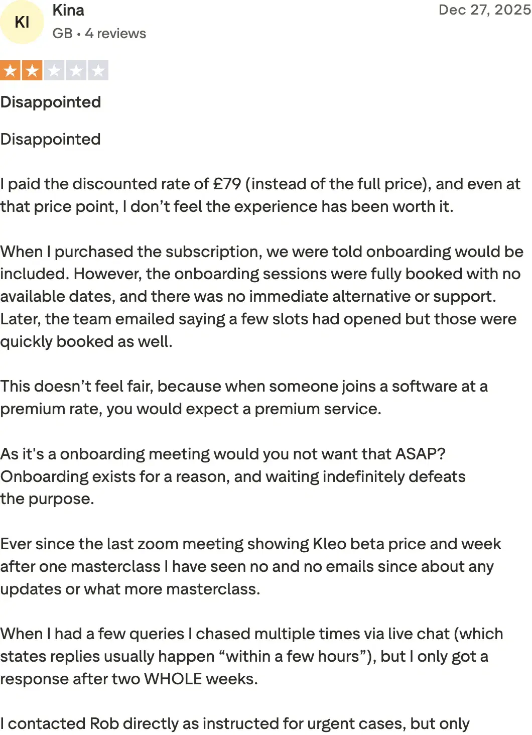 Trustpilot review of Kleo by Kina from the UK, 2 out of 5 stars, saying the experience didn't justify the £79 discounted price.