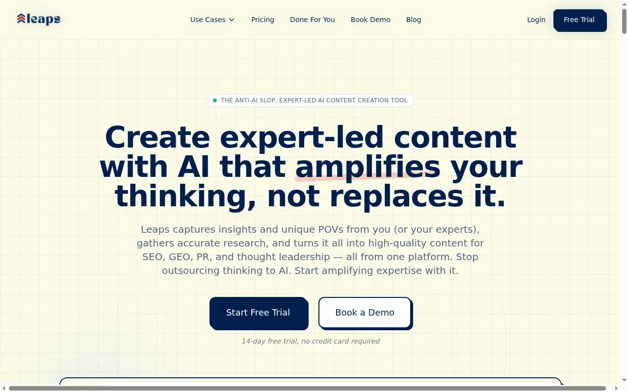 Screenshot of Leaps homepage showing its hero section and positioning
