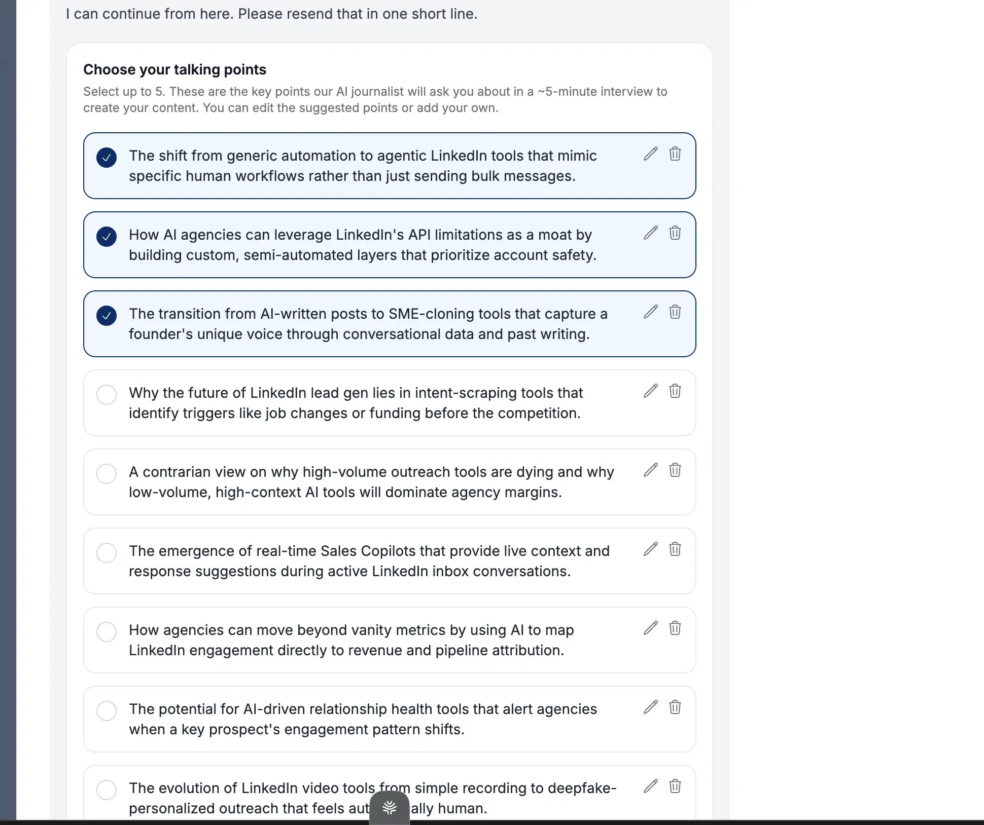 Leaps' talking-points selector — pick which angles to explore from the answers given.