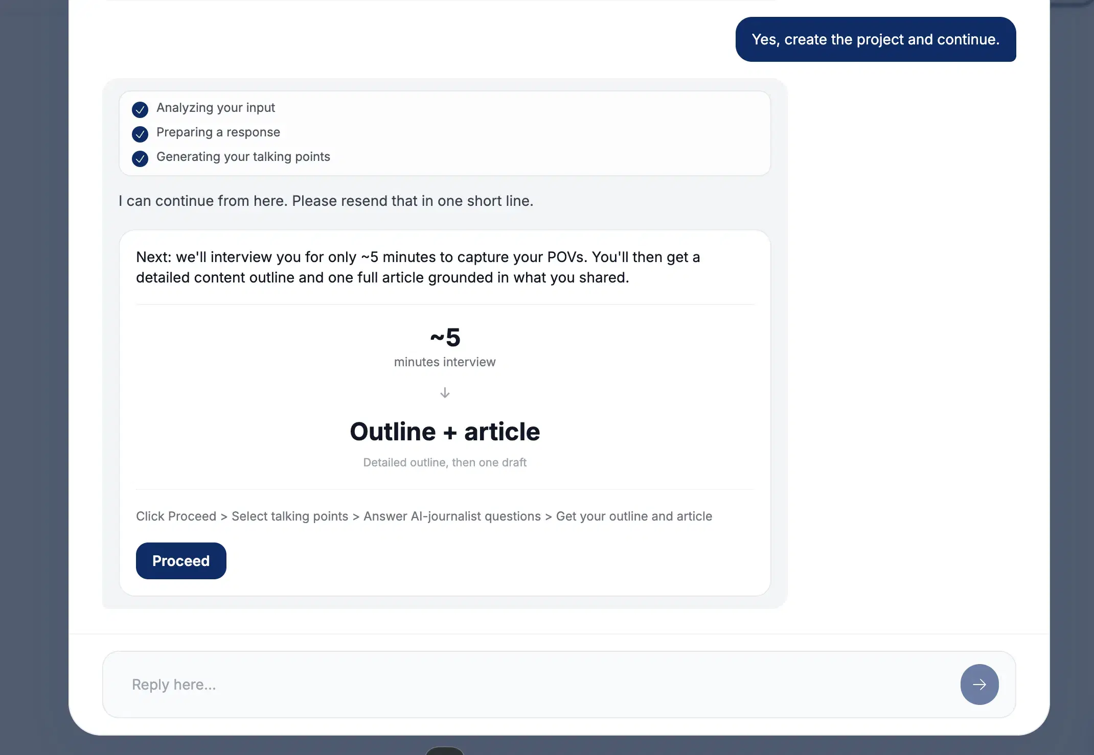 Leaps' guided-interview screen asking the user to answer specific questions before generating content.