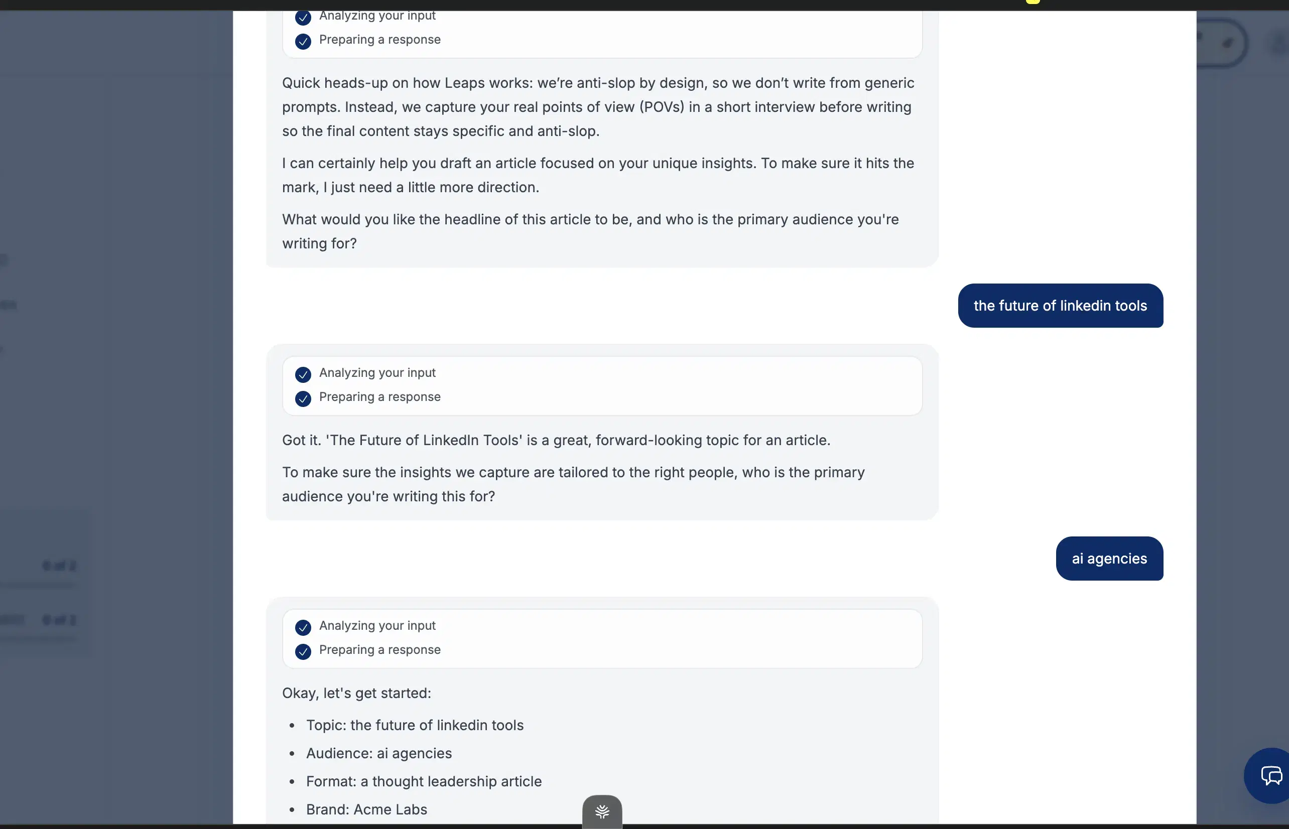 Leaps' onboarding screen showing multi-channel output options and voice-to-text setup.