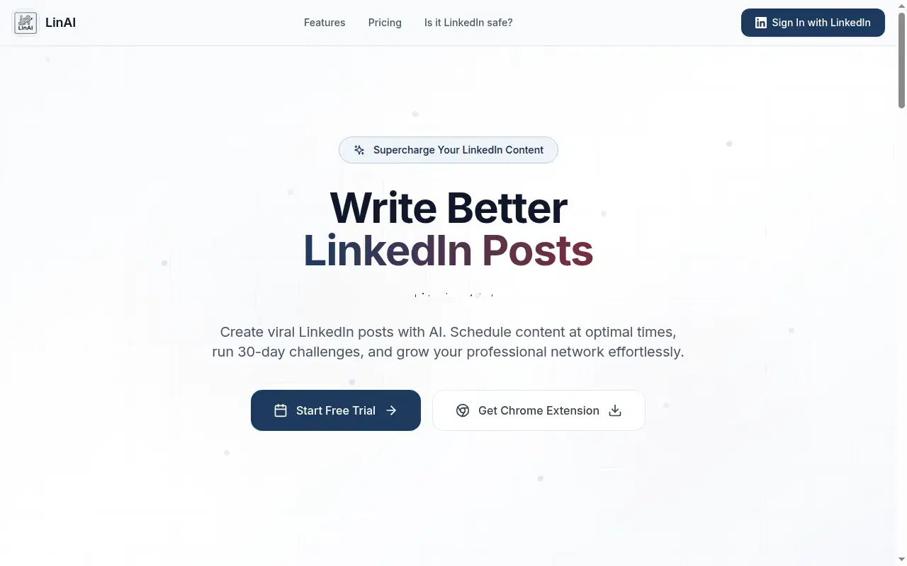 Screenshot of LinAI homepage showing its hero section and positioning