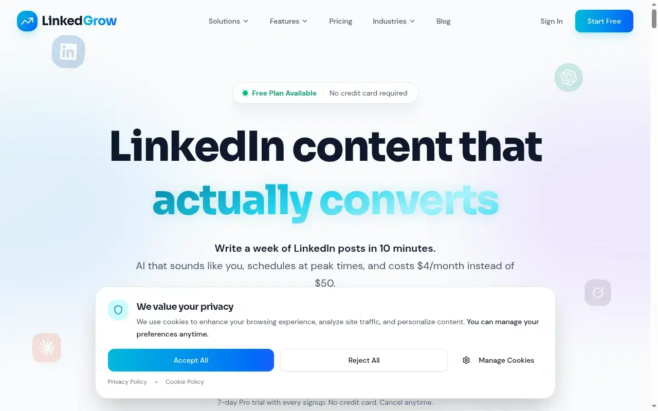 Screenshot of LinkedGrow homepage showing its hero section and positioning
