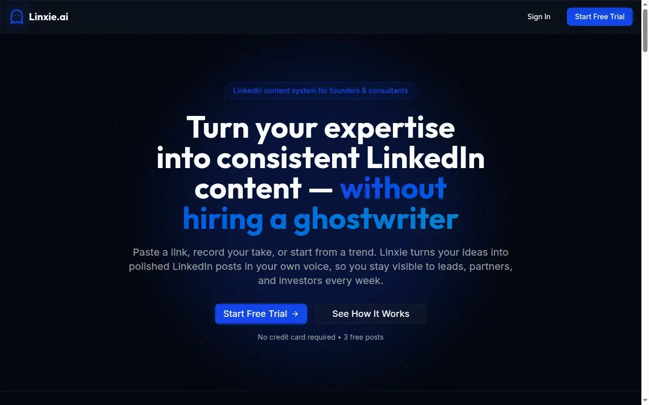 Screenshot of Linxie.ai homepage showing its hero section and positioning