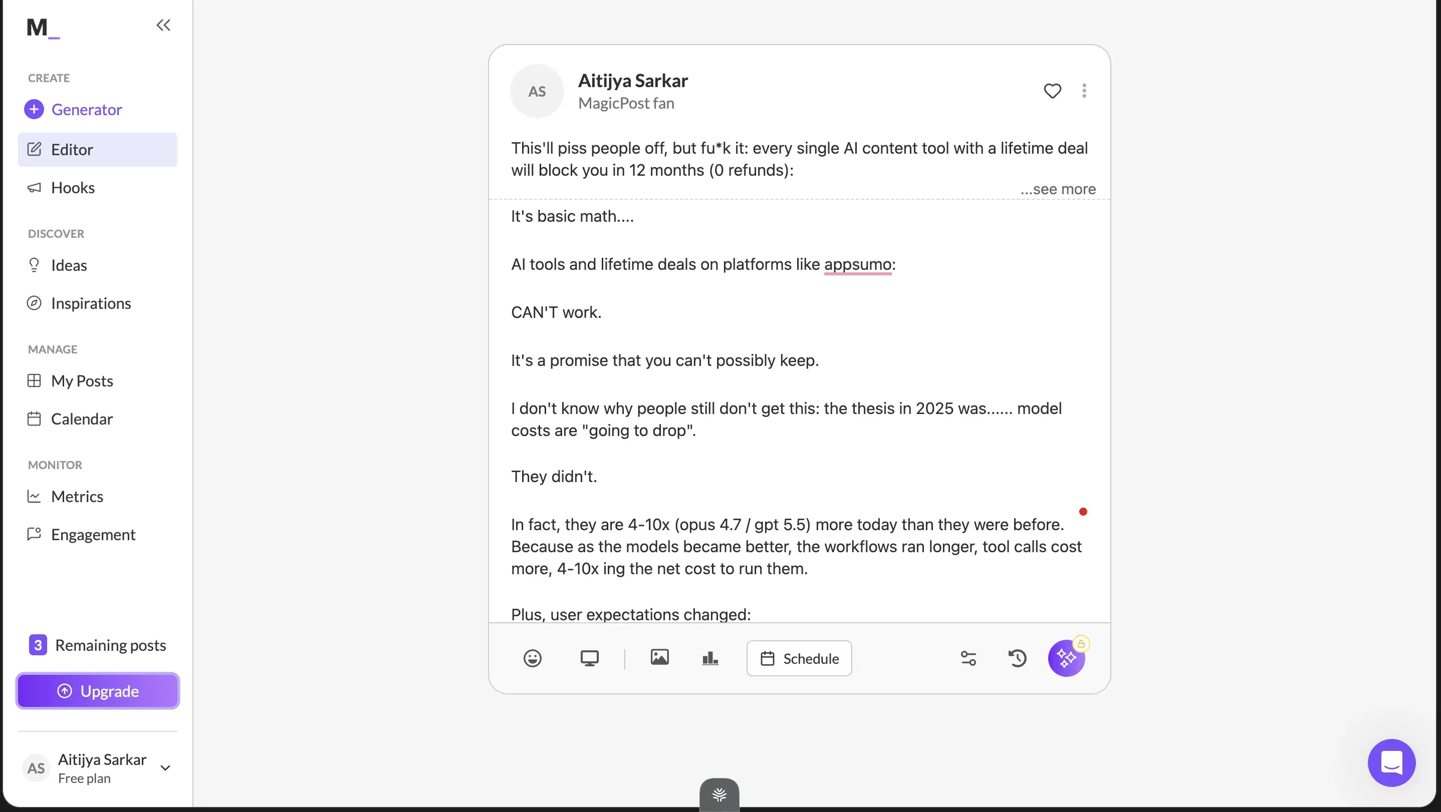 MagicPost's editor with the LinkedIn-preview pane rendering the post exactly as it will appear when published.