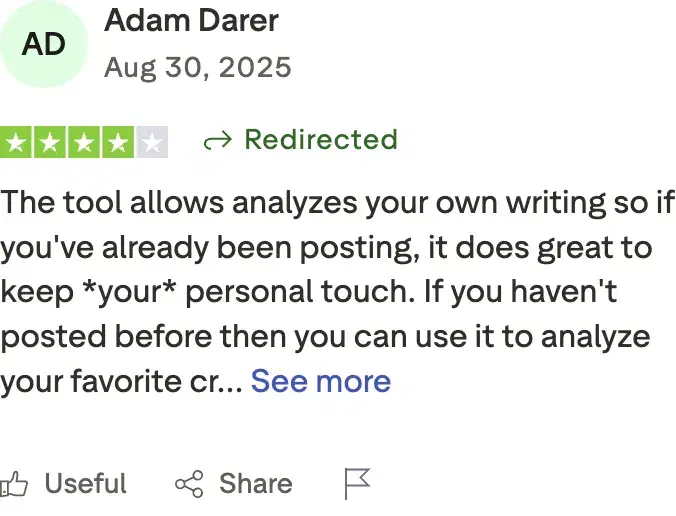 Trustpilot review of MagicPost by Adam Darer, 4 out of 5 stars, praising the personal-touch the tool maintains for existing posters.