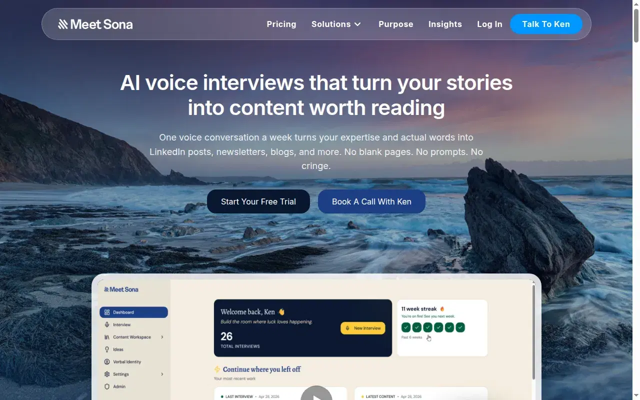 Screenshot of Meet Sona homepage showing its hero section and positioning