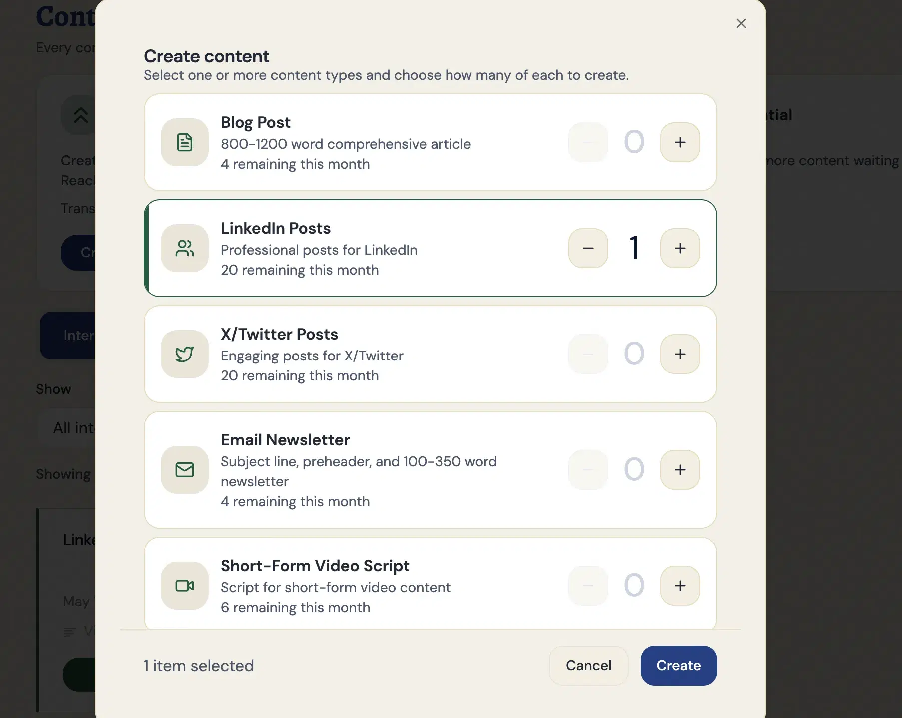 Meet Sona's multi-format selector — LinkedIn post, X thread, blog, email, video script.