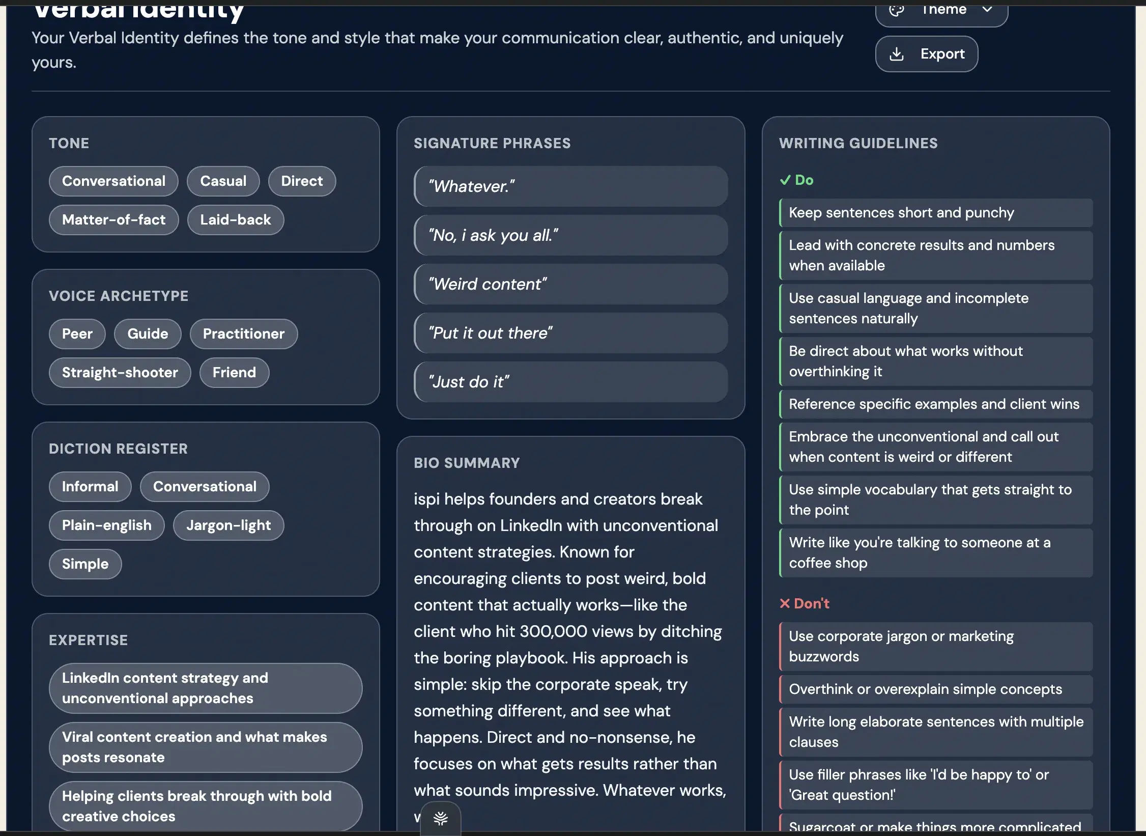 Meet Sona's verbal-identity screen showing the persona captured from voice interviews.