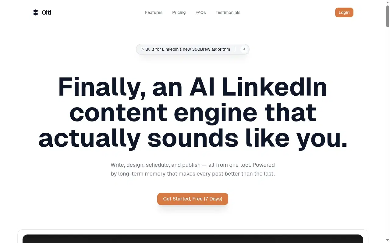 Screenshot of Oiti homepage showing its hero section and positioning