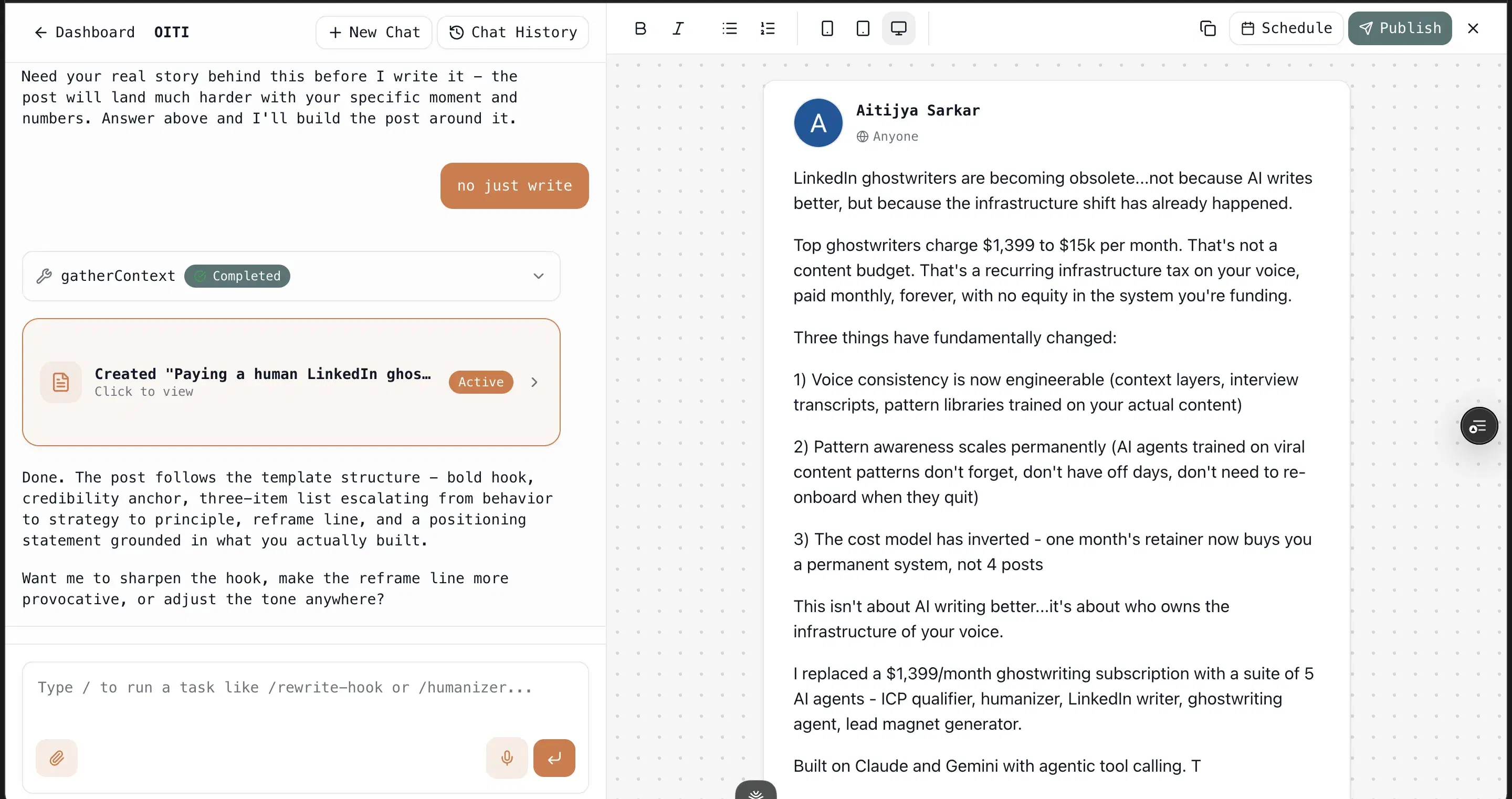 Oiti's chat-based content composer with the persona, memory, and Knowledge Base layers surfaced in the sidebar.