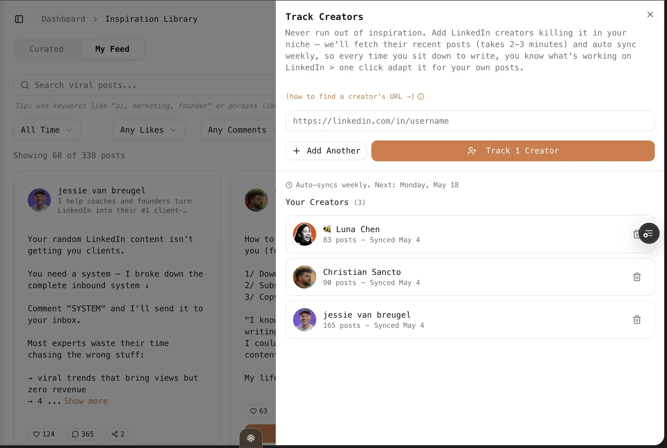 Oiti's Track Creators panel — add LinkedIn creators in your niche and Oiti fetches their recent posts and auto-syncs weekly; three tracked creators shown.