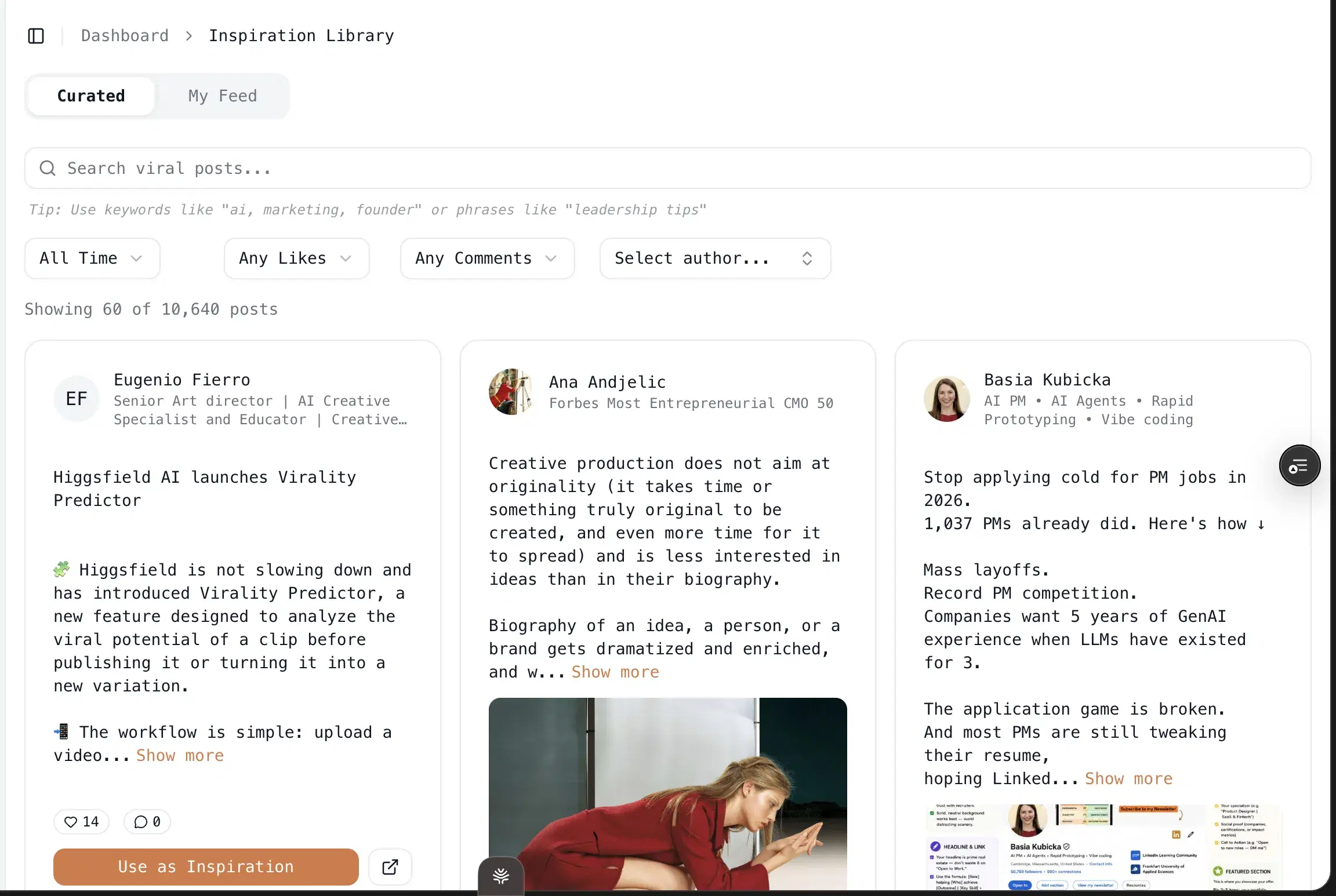 Oiti's viral template library showing high-performing LinkedIn posts with one-click structural extraction.
