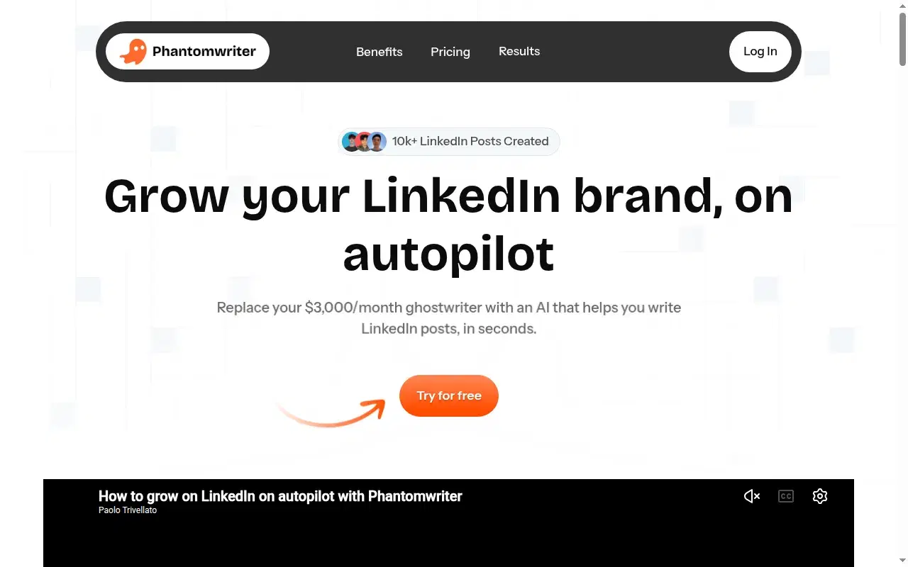 Screenshot of Phantomwriter homepage showing its hero section and positioning