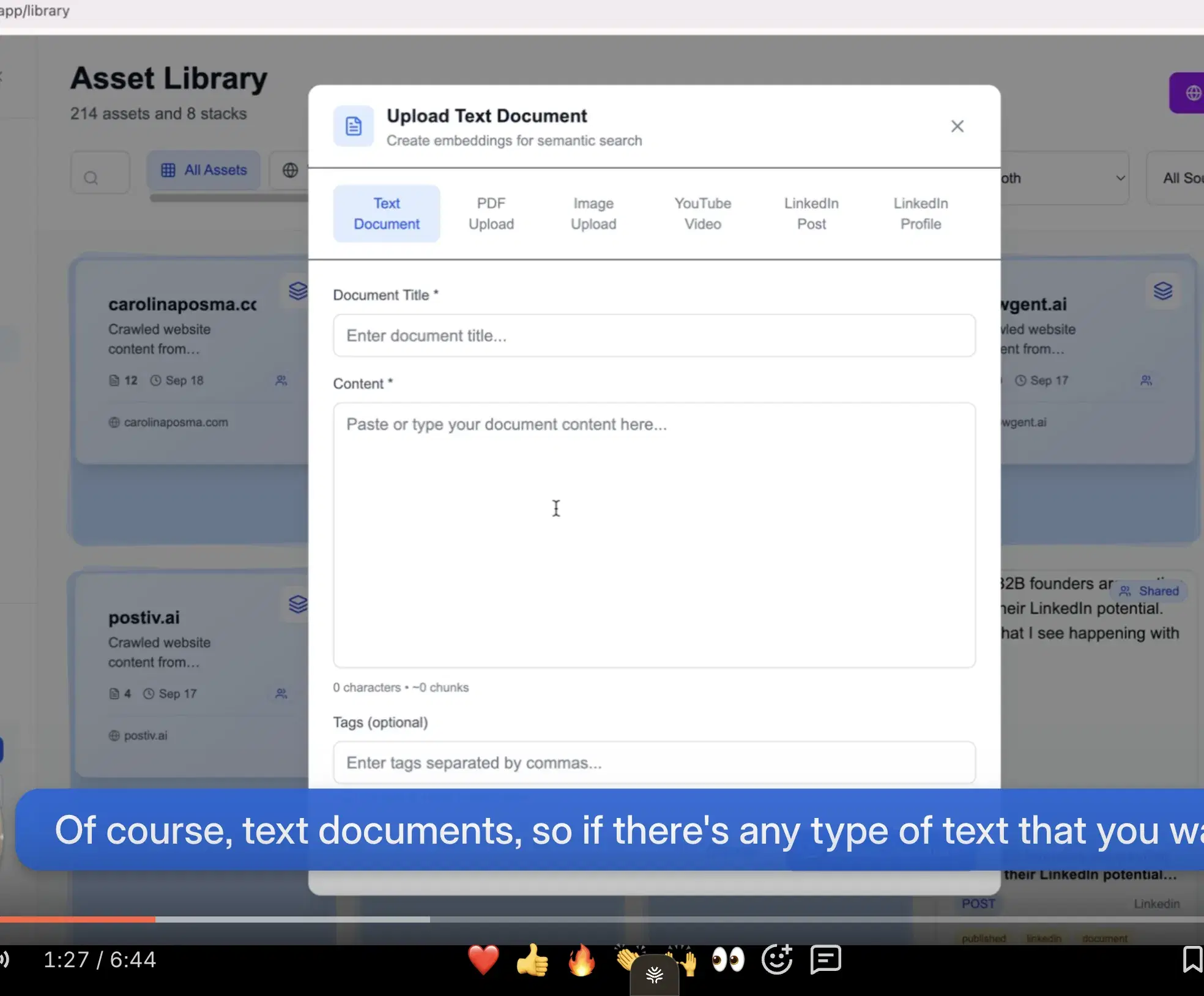 Postiv's knowledge-assets ingest screen — their KB-equivalent feature accepting file uploads.