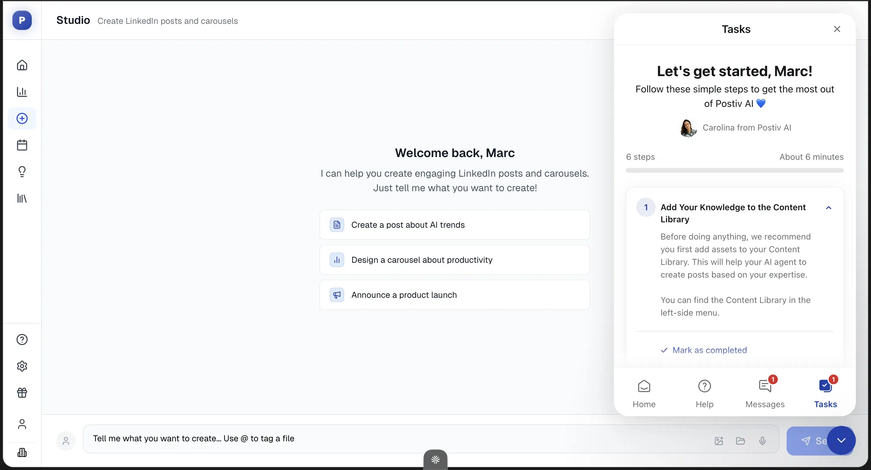 Postiv's chat-style content composer with the agentic flow surfaced in the right panel.
