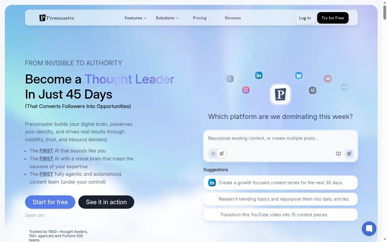 Screenshot of Pressmaster.ai homepage showing its hero section and positioning