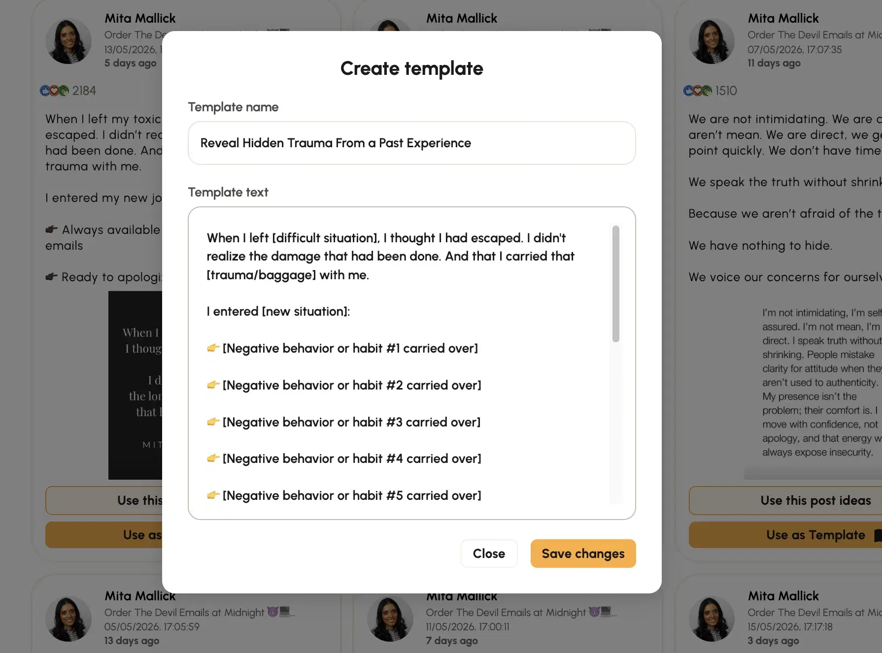 RedactAI's template-creation screen breaking down an inspiration post line by line.