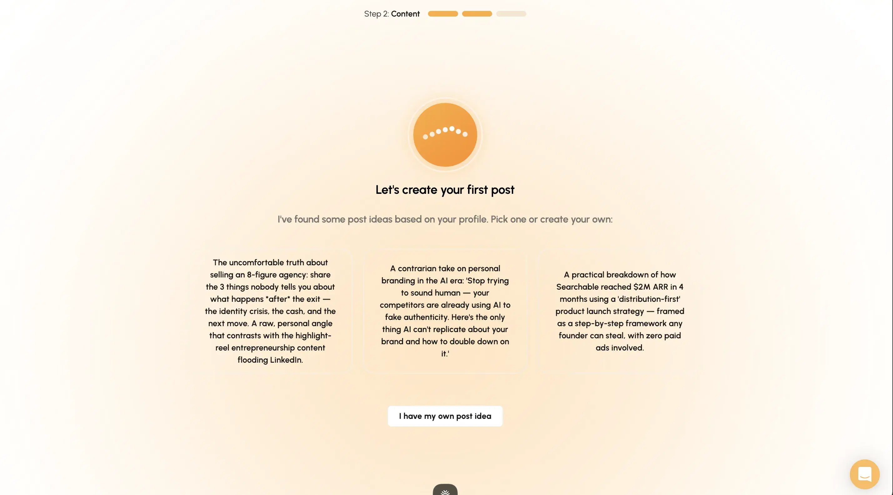 RedactAI's onboarding screen showing 3 auto-generated post ideas mirroring a picked influencer.