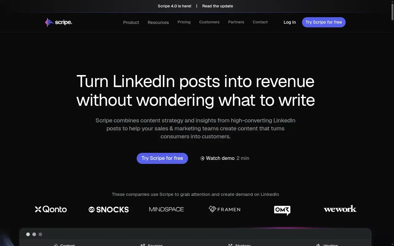 Screenshot of Scripe homepage showing its hero section and positioning