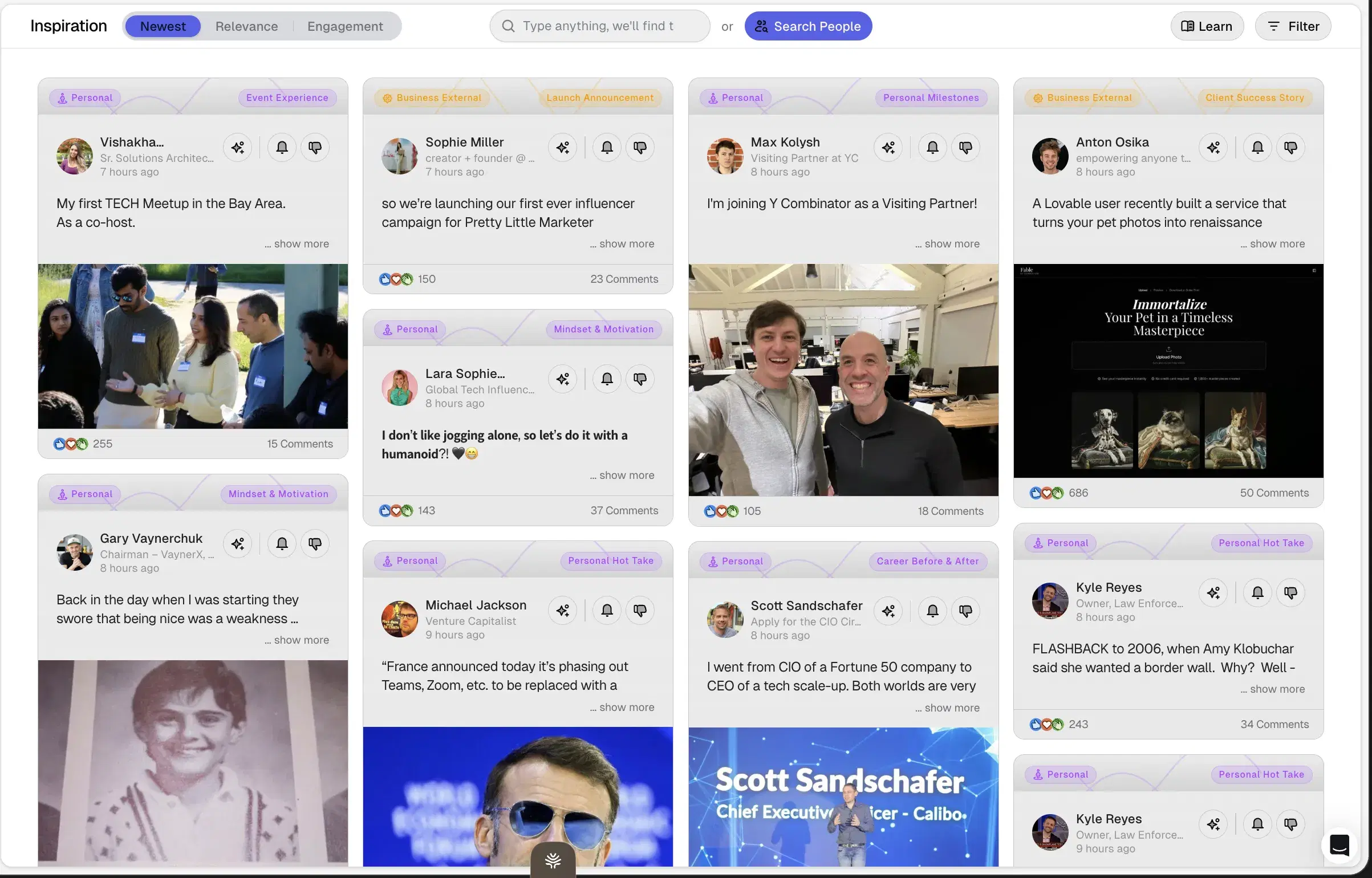 Scripe's inspiration tab — a snapshot-in-time listing of what's viral on LinkedIn right now.