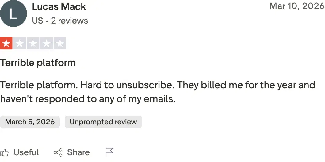 Trustpilot review of Scripe by Lucas Mack, 1 out of 5 stars, reporting being billed for the year and Scripe not responding to support emails after attempting to unsubscribe.
