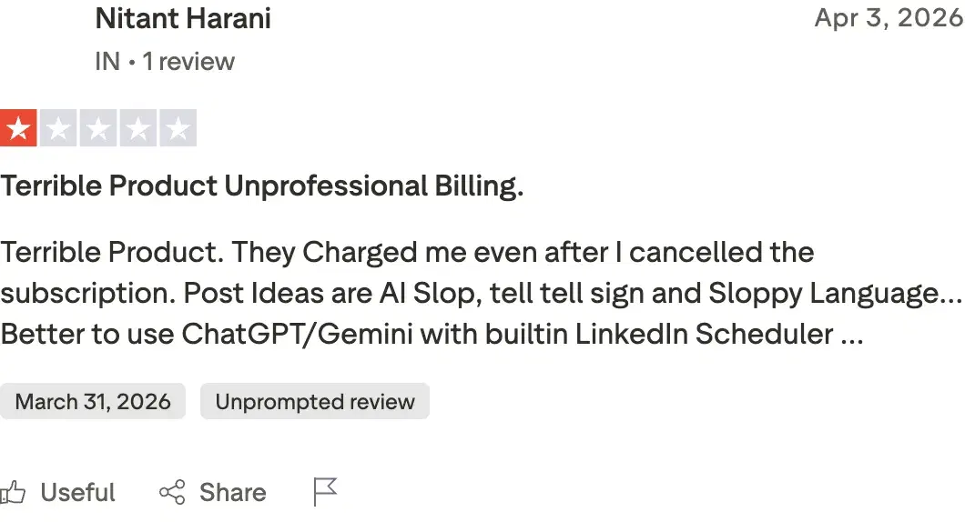 Trustpilot review of Scripe by Nitant Harani, 1 out of 5 stars, titled "Terrible Product Unprofessional Billing", calling post ideas "AI Slop" and reporting being charged after cancellation.