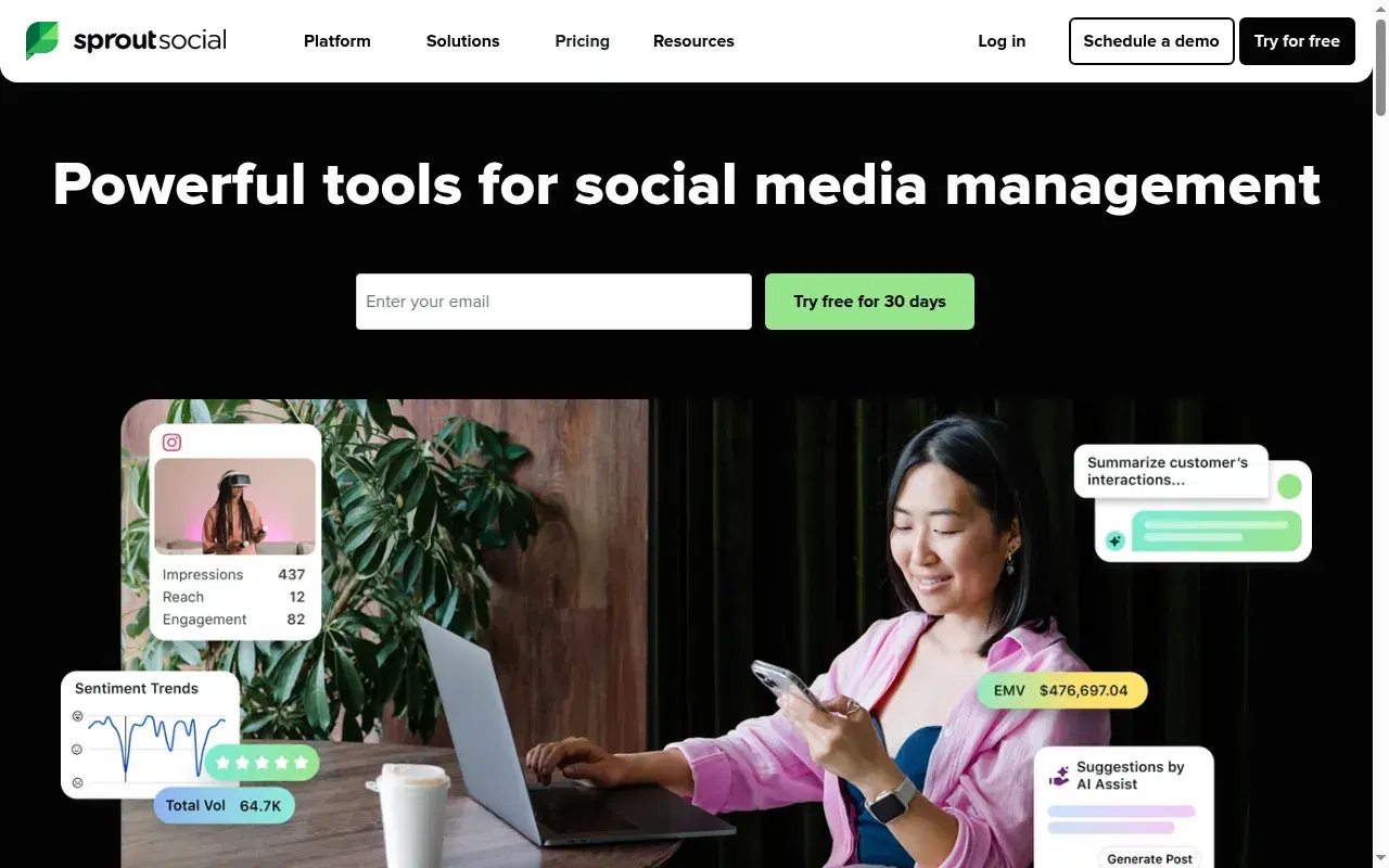 Screenshot of Sprout Social homepage showing its hero section and positioning